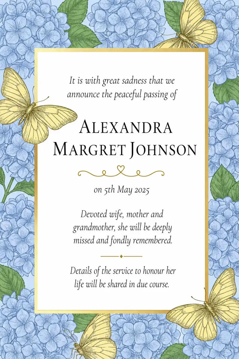 An ohu death notice set in a blue hydrangea and butterfly frame