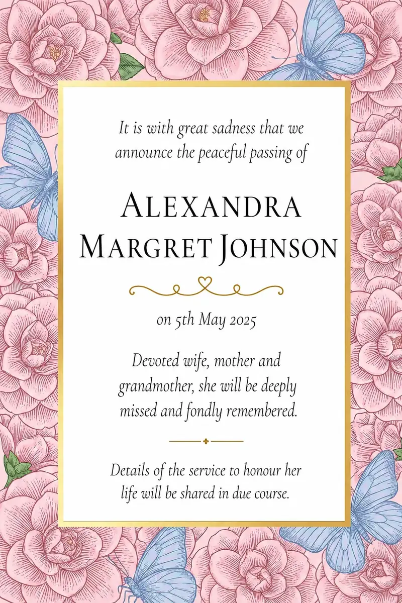 An ohu death notice set in an engraved camellia frame with blue butterflies
