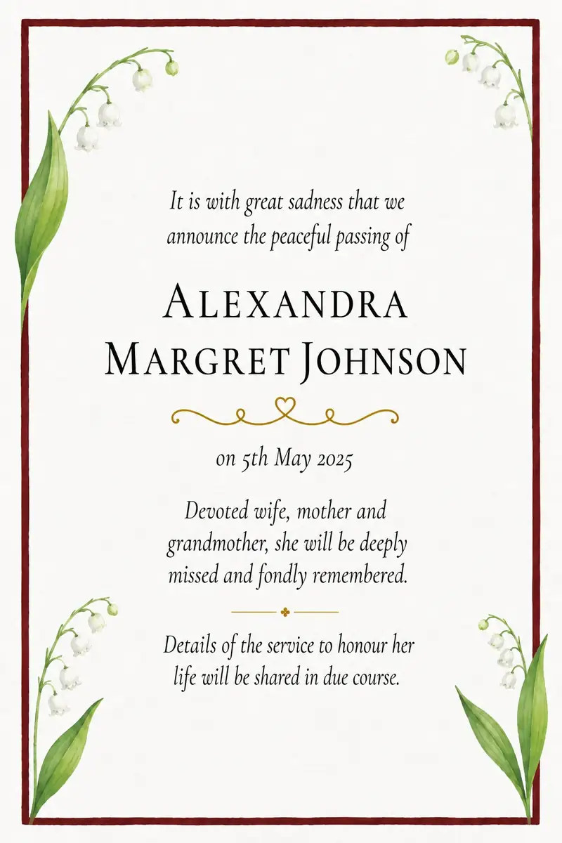 Death notice frame with white magnolia blooms and slender green leaves