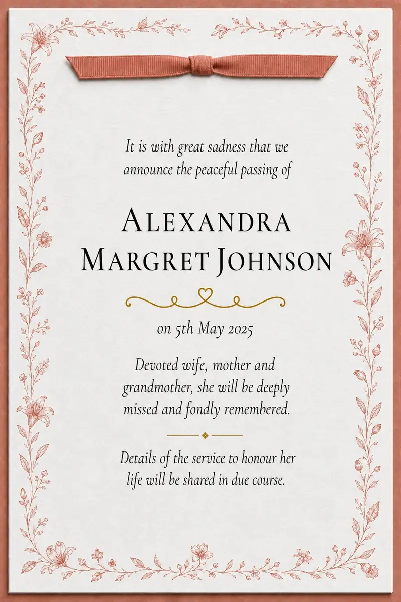 Death notice frame with a coral ribbon and warm wildflowers