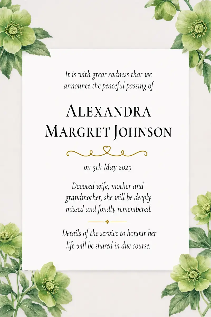 Death notice frame with deep green foliage and white flowers