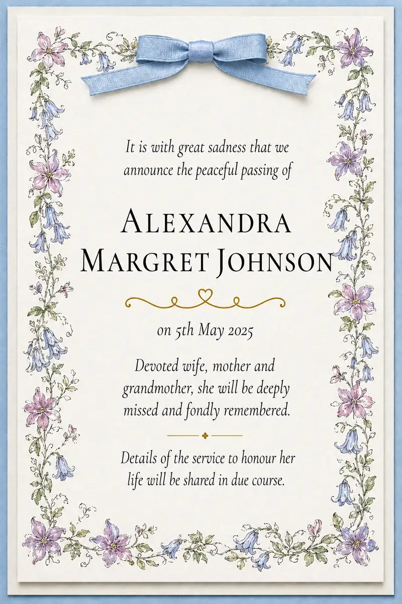 Death notice frame with a blue ribbon and blue and lavender wildflowers