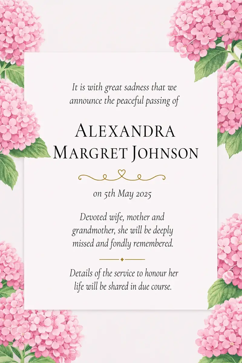 Death notice frame with soft pink hydrangeas
