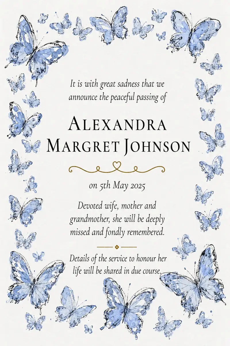 Death notice frame with blue butterflies and delicate sprigs