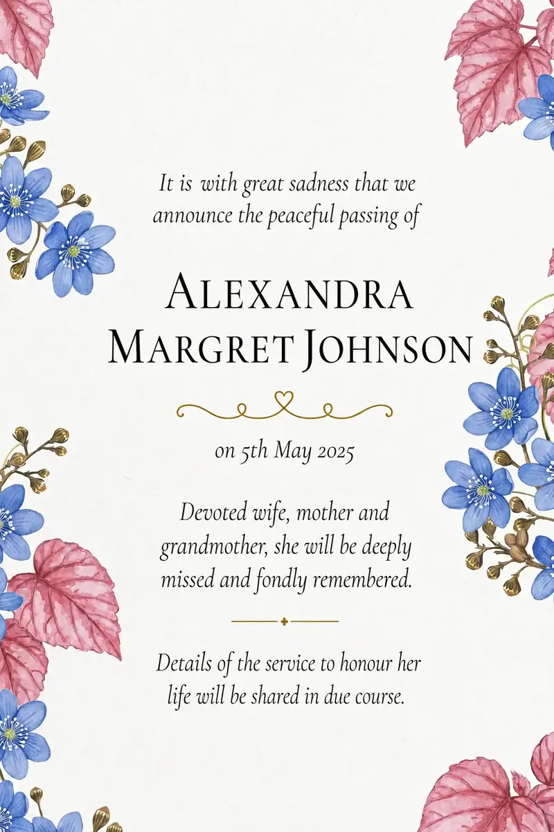 Death notice frame with blue flowers and autumn leaves