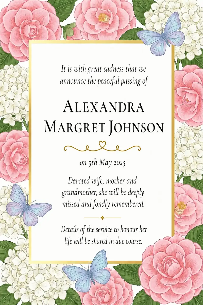 Death notice frame with pink roses