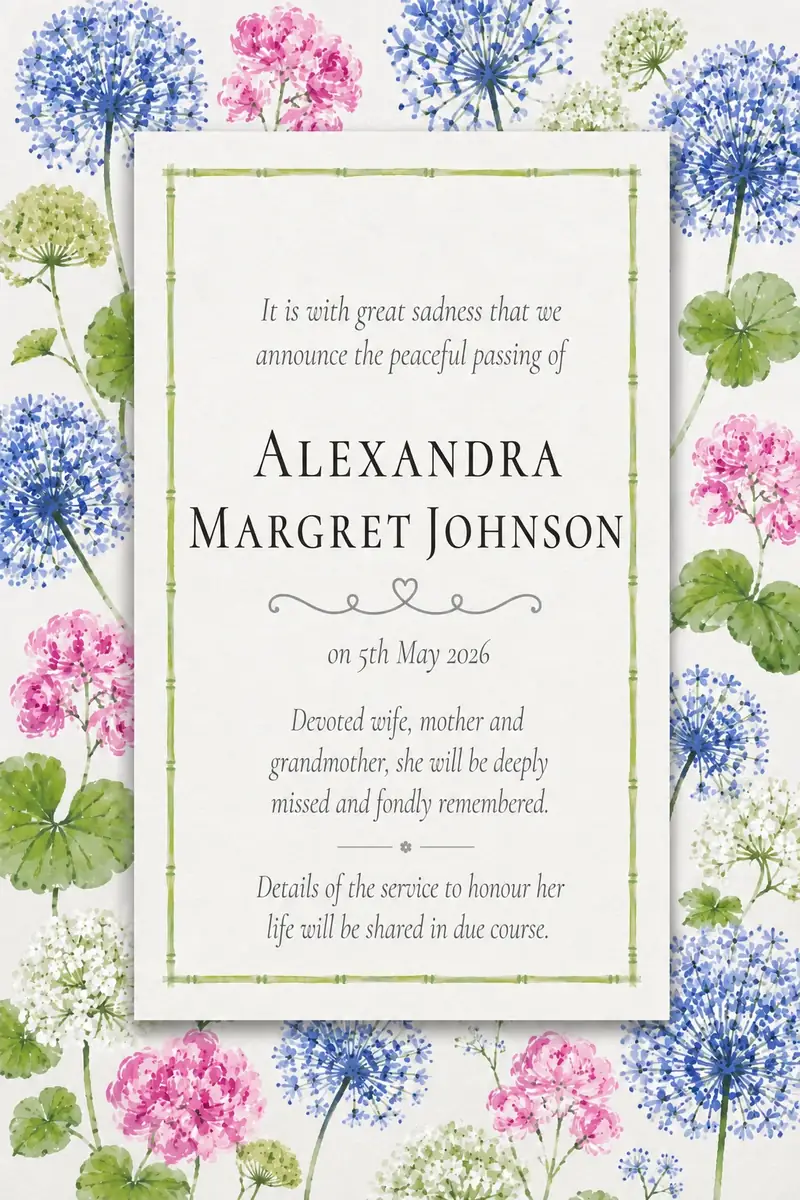 Death notice frame with pink and blue hydrangeas