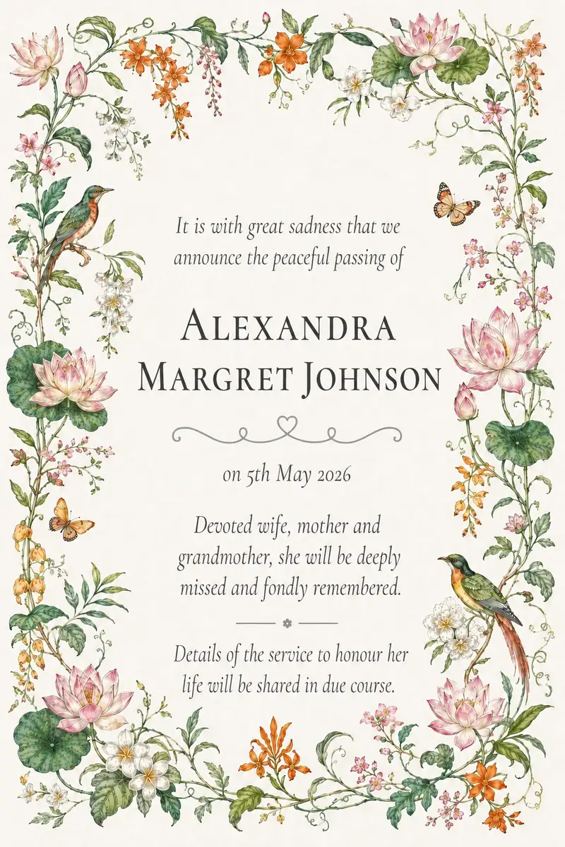 Death notice frame with colourful wildflowers and a bird