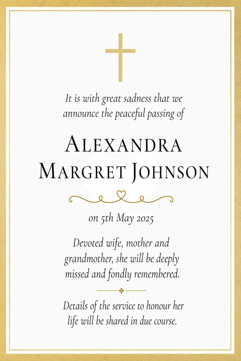 Traditional death notice frame with a gold border and cross