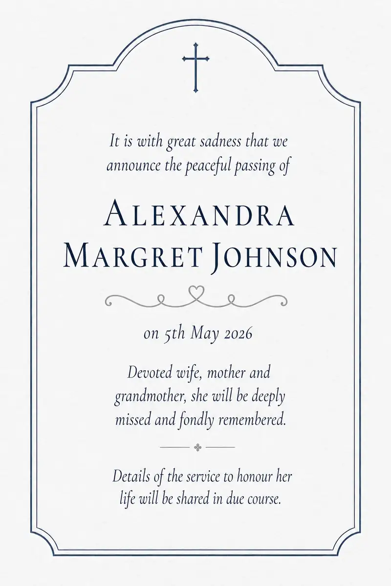 Traditional death notice frame with a cross and arched border