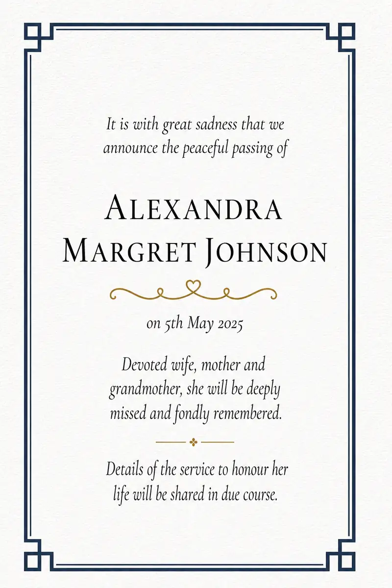 Traditional death notice frame with a blue scallop-shell border
