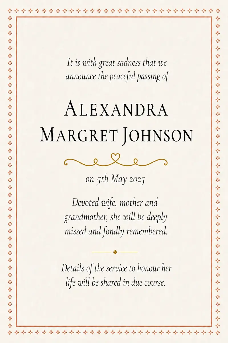 Traditional death notice frame with a navy Greek-key border