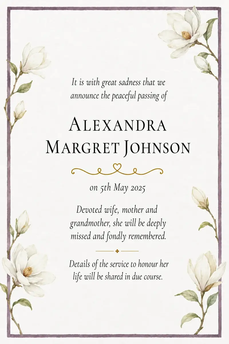 Traditional death notice frame with a single white magnolia and wide margins