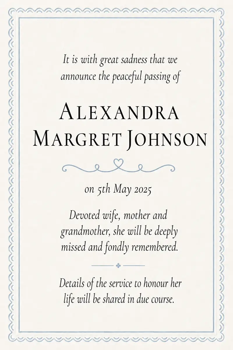 Traditional death notice frame with corner flourishes