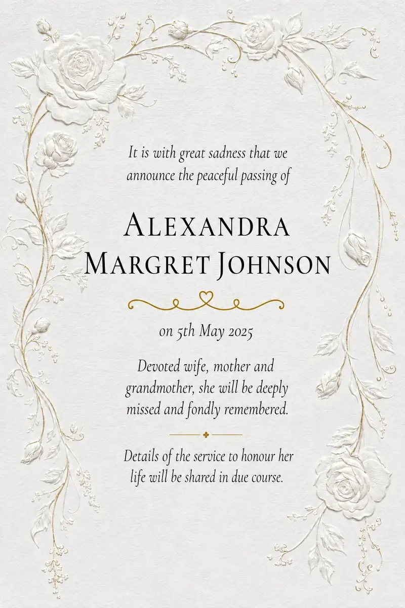 Traditional death notice frame with a fine gold border and delicate corner sprigs