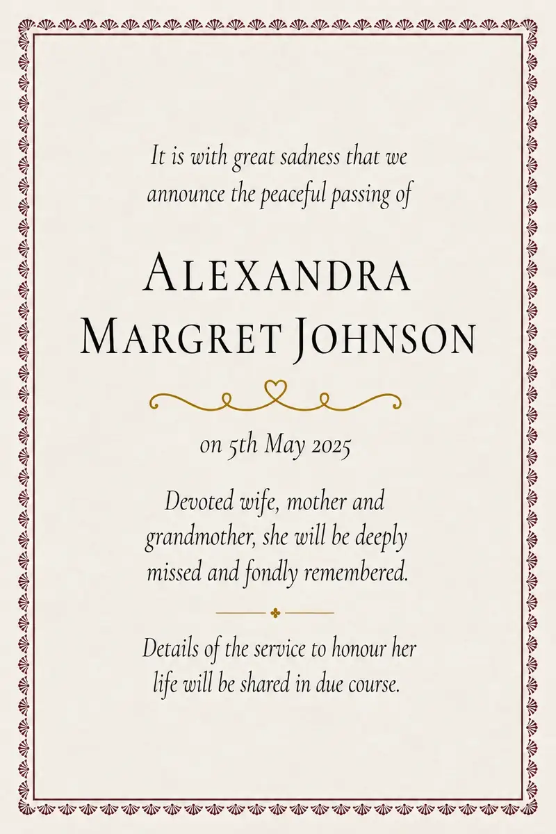 Traditional death notice frame with a classical gold border
