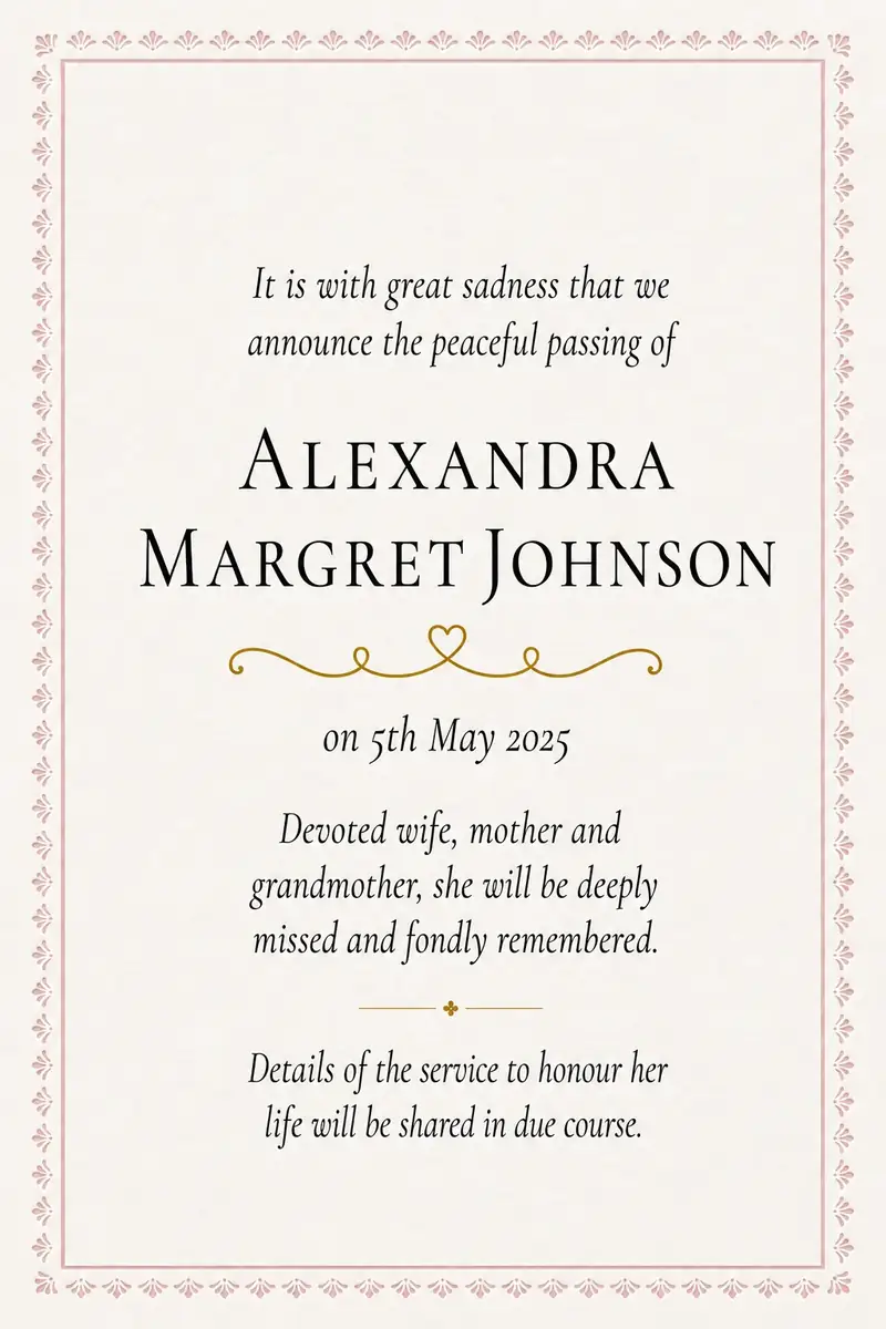 Traditional death notice frame with a simple navy border