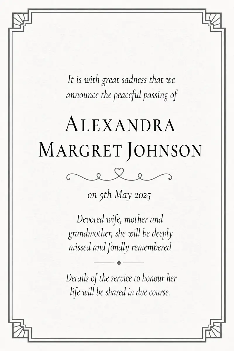 Traditional death notice frame with a soft grey border