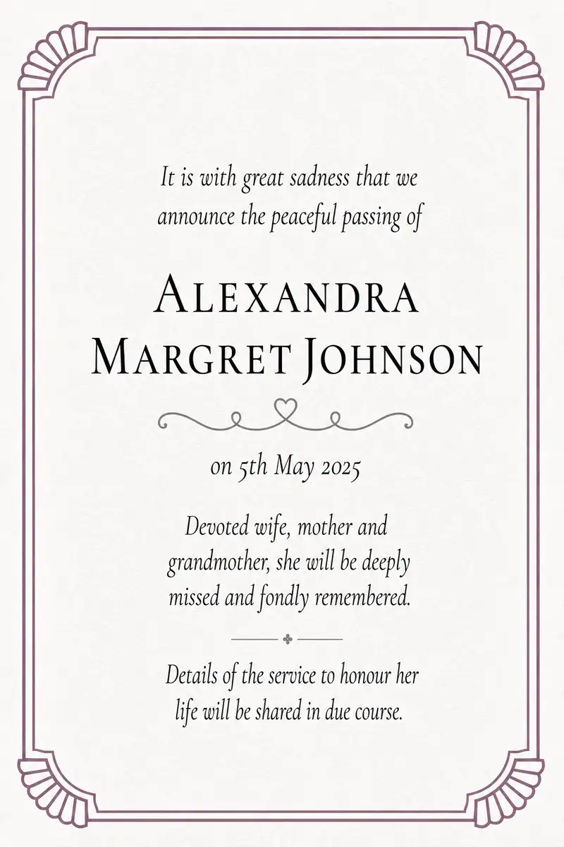 Traditional death notice frame with a blush bordered panel