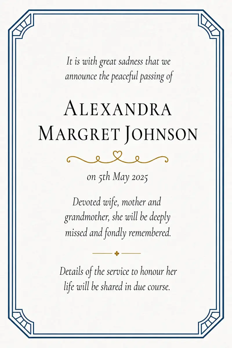 Traditional death notice frame with an engraved border