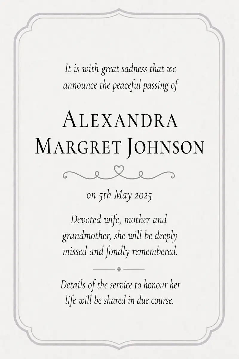 Traditional death notice frame with a slim bordered panel