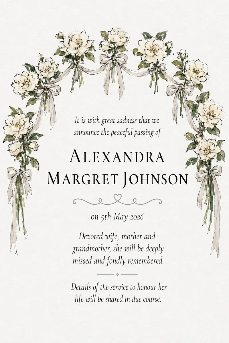 Death notice frame with an arch of white roses