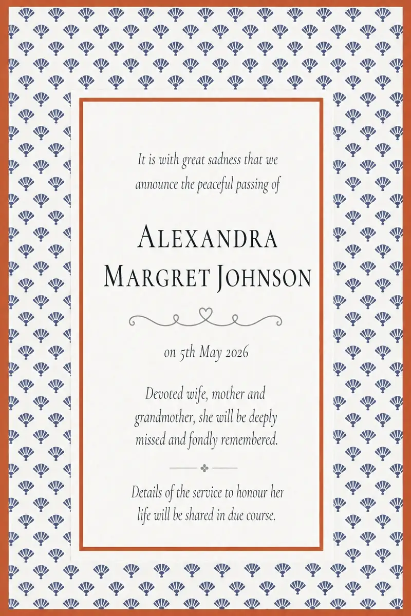 Death notice frame with a blue patterned border and terracotta edge