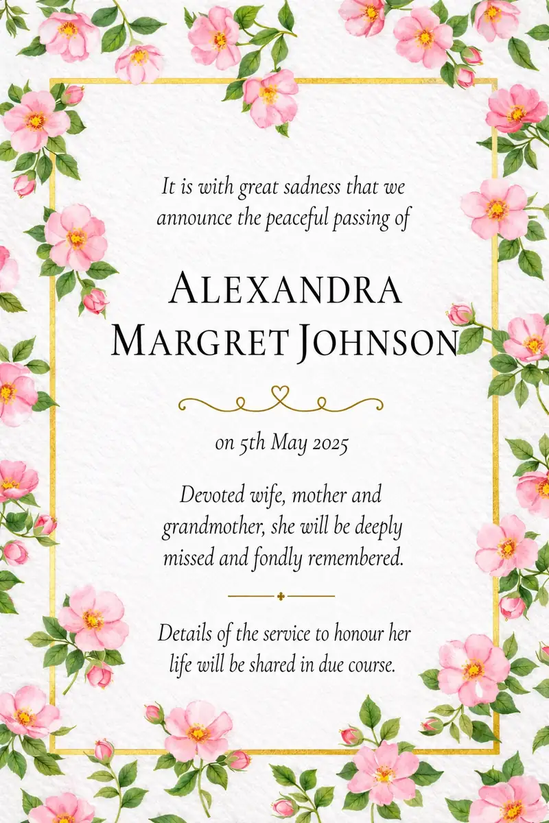 An ohu death notice set in a wild rose frame on textured paper